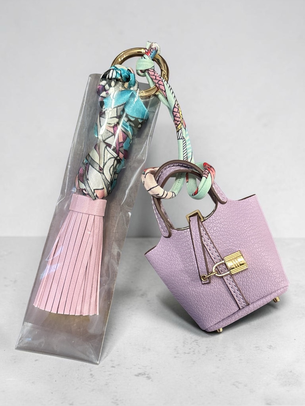 Mini Handbag Keychain Charm with Twilly Scarf & Tassel – Purple